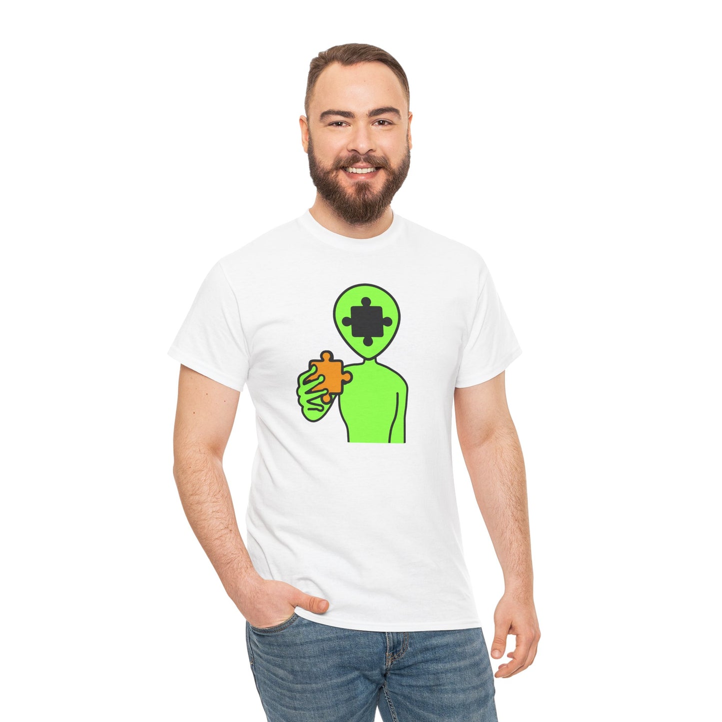 Alien Puzzle Piece T-Shirt – Clean Cosmic Design – Unisex Heavy Cotton Shirt for Life’s Mysteries