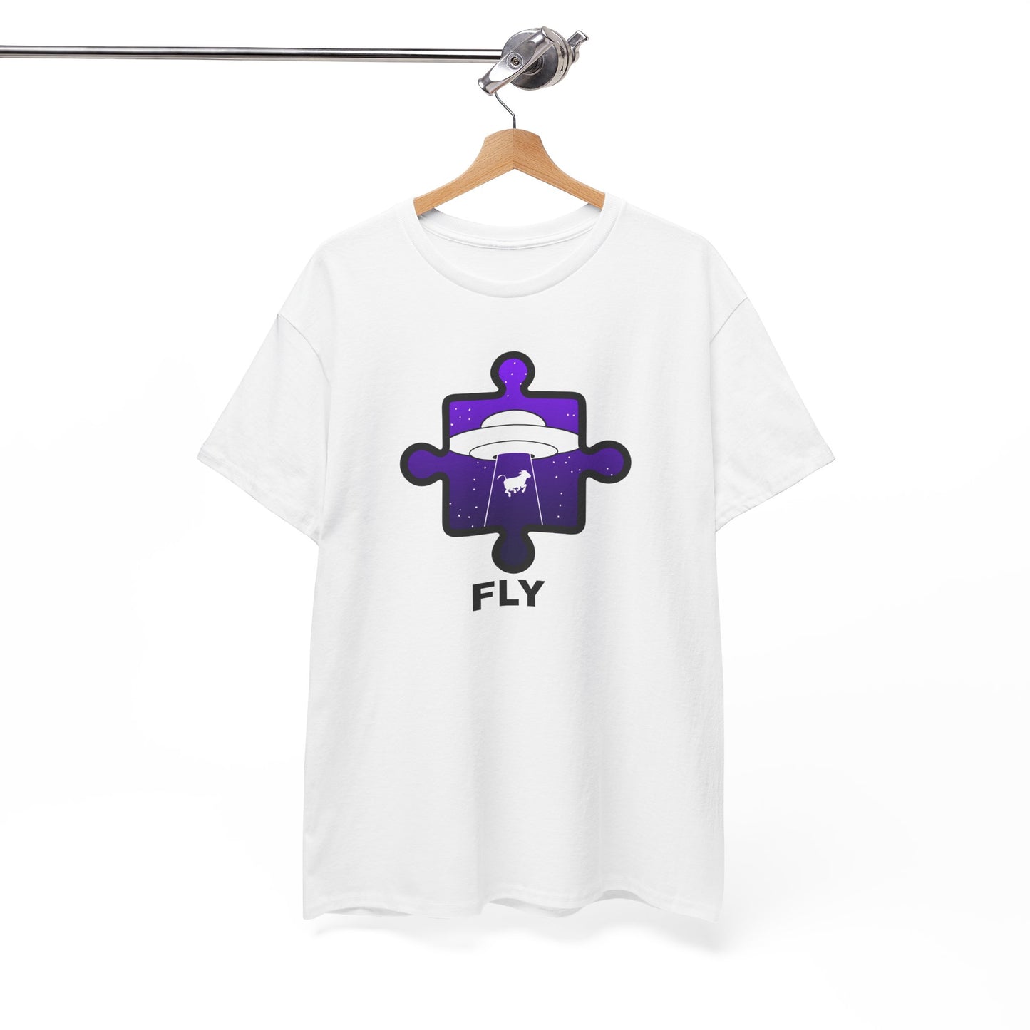 UFO Cow Abduction Puzzle Piece T-Shirt – ‘Fly’ Graphic Tee – Non-Distressed Design