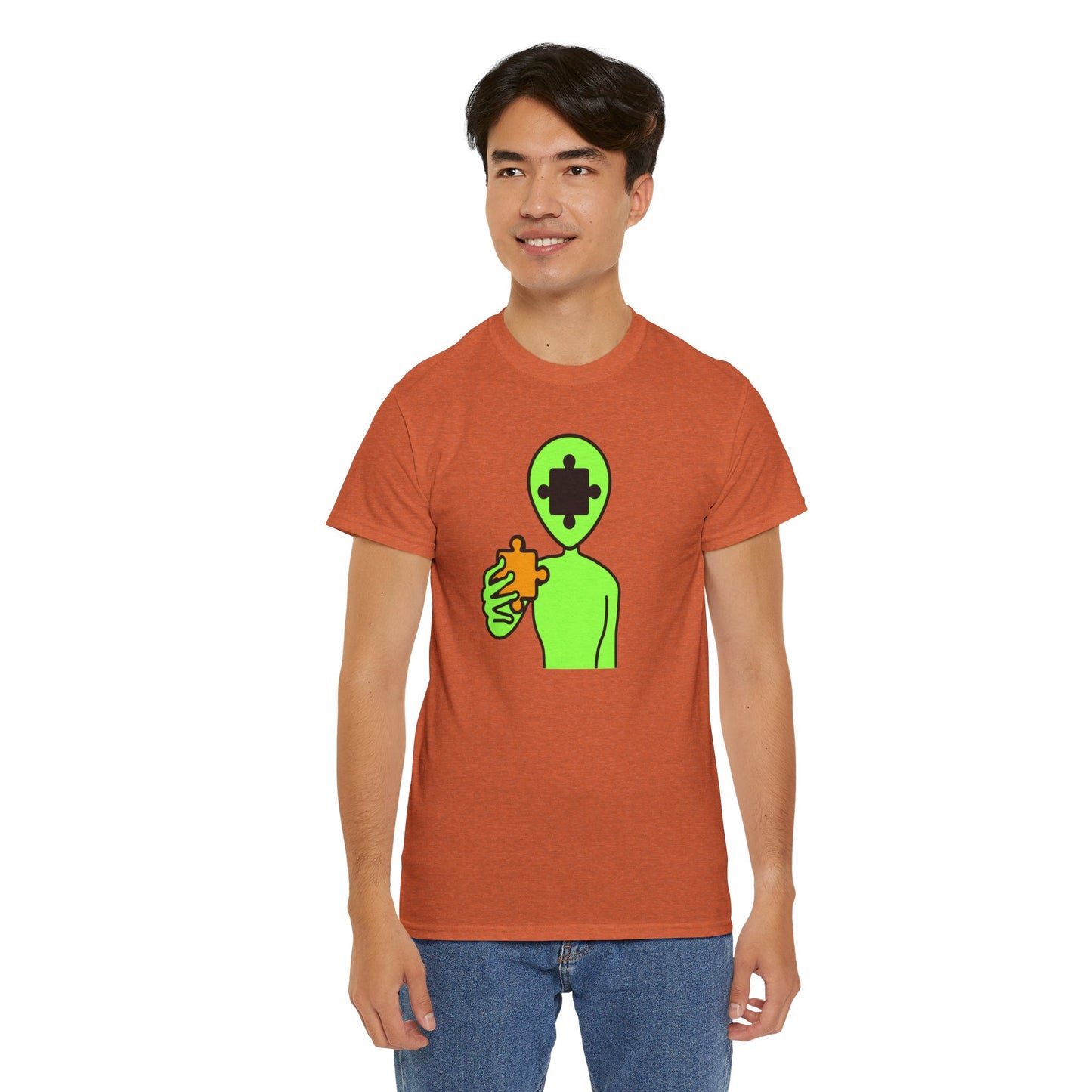 Alien Puzzle Piece T-Shirt – Clean Cosmic Design – Unisex Heavy Cotton Shirt for Life’s Mysteries