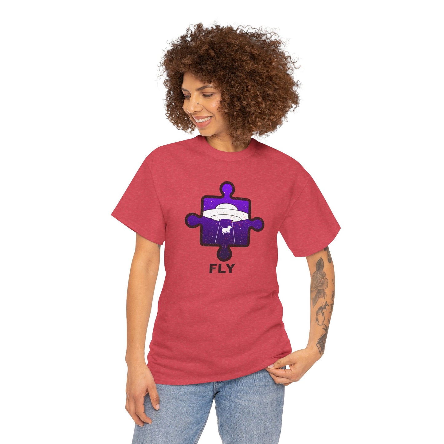 UFO Cow Abduction T-Shirt – ‘Fly’ Puzzle Piece Graphic Tee – Unisex Heavy Cotton Shirt Distressed Design