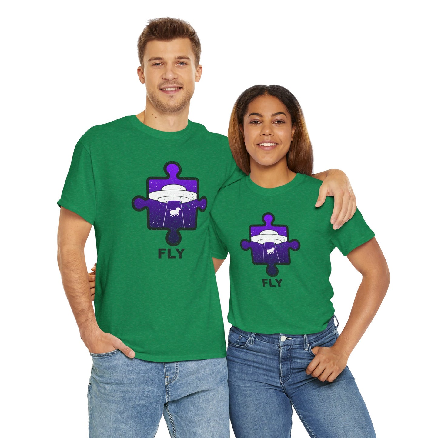 UFO Cow Abduction T-Shirt – ‘Fly’ Puzzle Piece Graphic Tee – Unisex Heavy Cotton Shirt Distressed Design