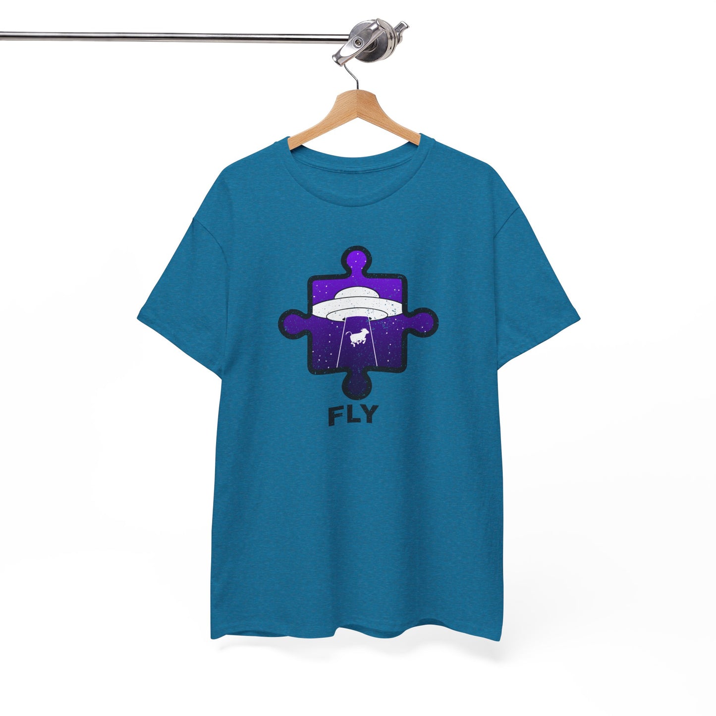 UFO Cow Abduction T-Shirt – ‘Fly’ Puzzle Piece Graphic Tee – Unisex Heavy Cotton Shirt Distressed Design