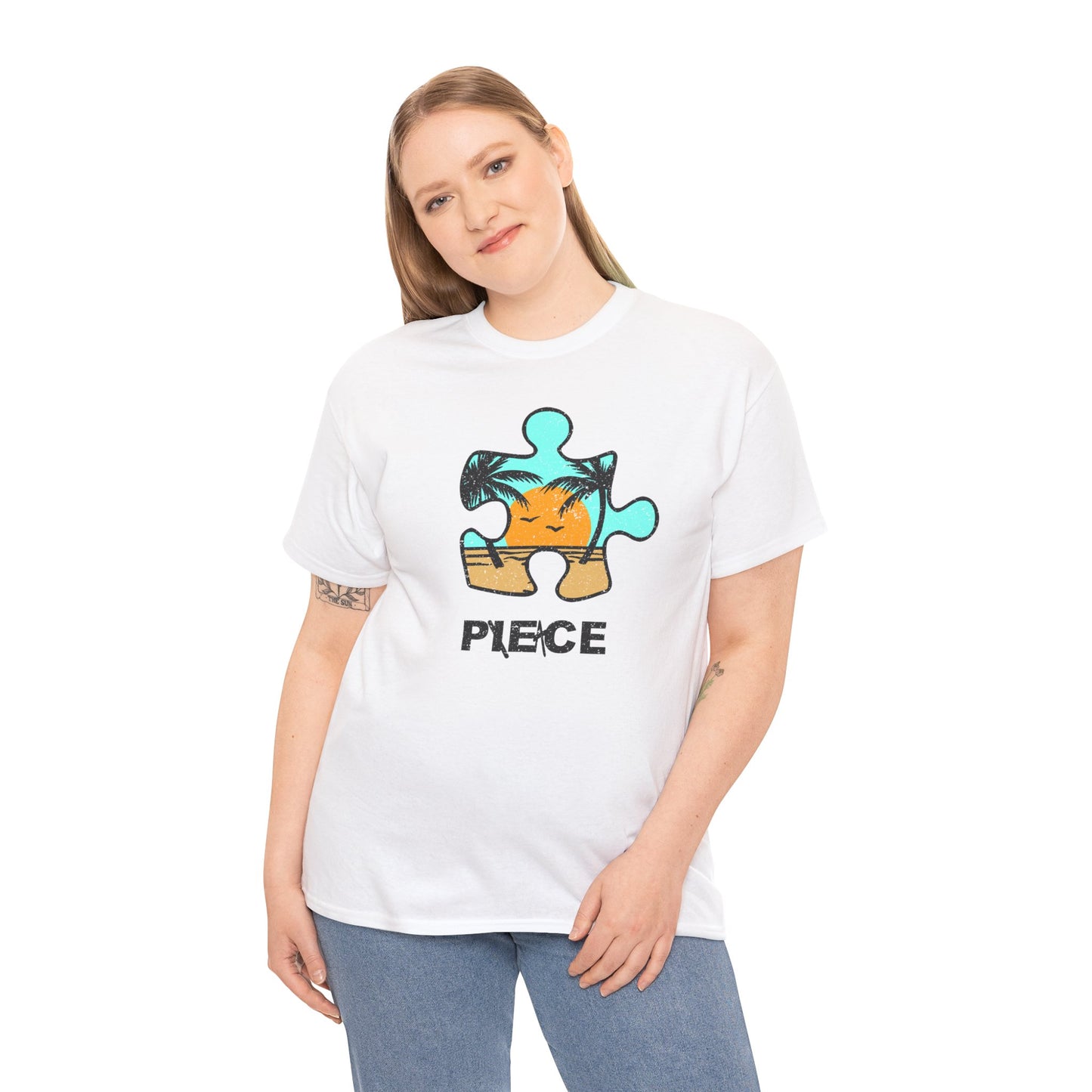 Peace Puzzle Piece T-Shirt – Distressed Beach Graphic Tee – Unisex Heavy Cotton Shirt for Tranquil Vibes