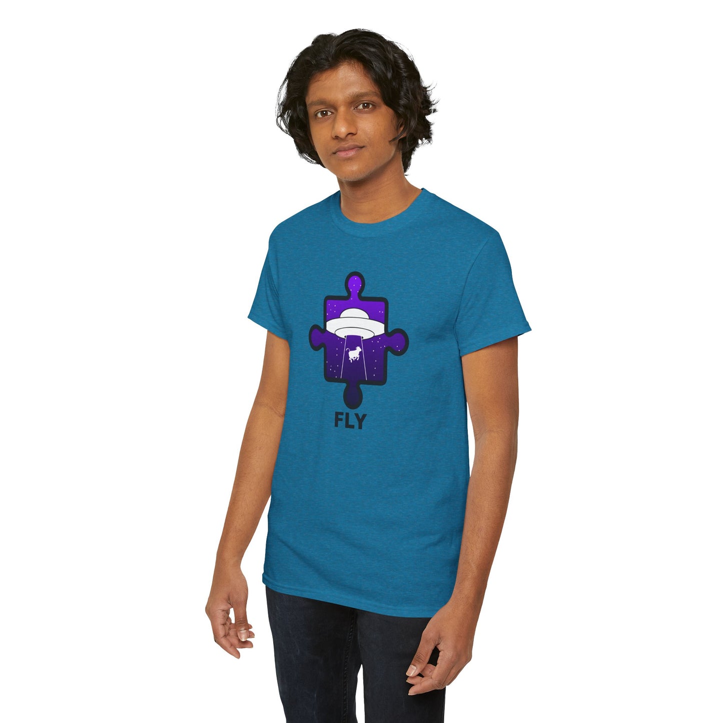 UFO Cow Abduction Puzzle Piece T-Shirt – ‘Fly’ Graphic Tee – Non-Distressed Design