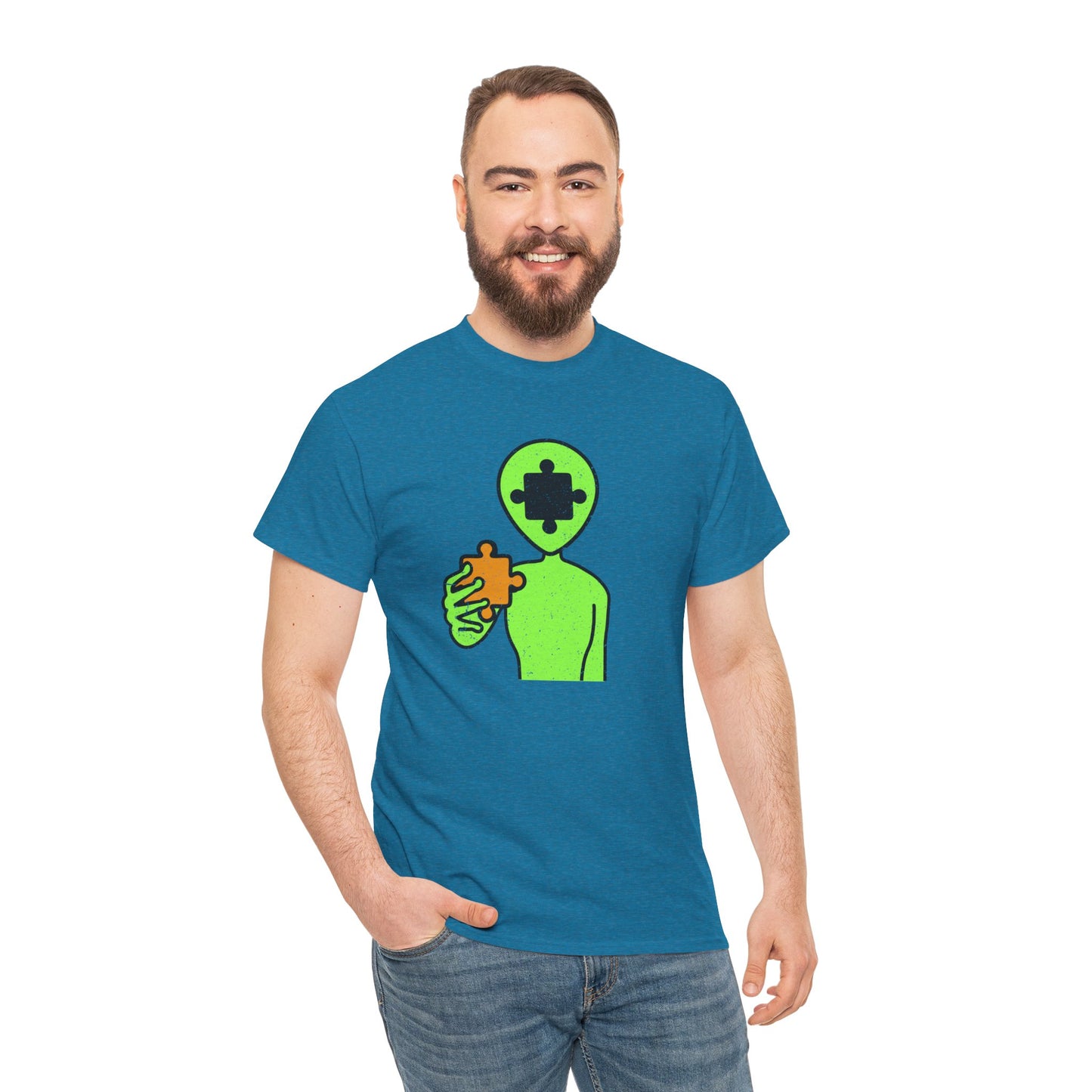 Alien Puzzle Piece T-Shirt – Distressed Cosmic Design – Unisex Heavy Cotton Shirt for Life’s Mysteries