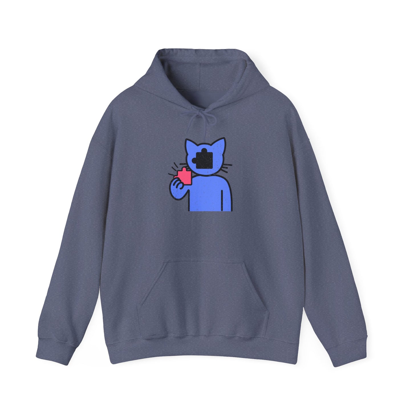 Cat Puzzle Piece Hoodie – Distressed Graphic Pullover – Cozy Unisex Hooded Sweatshirt for Puzzle Lovers