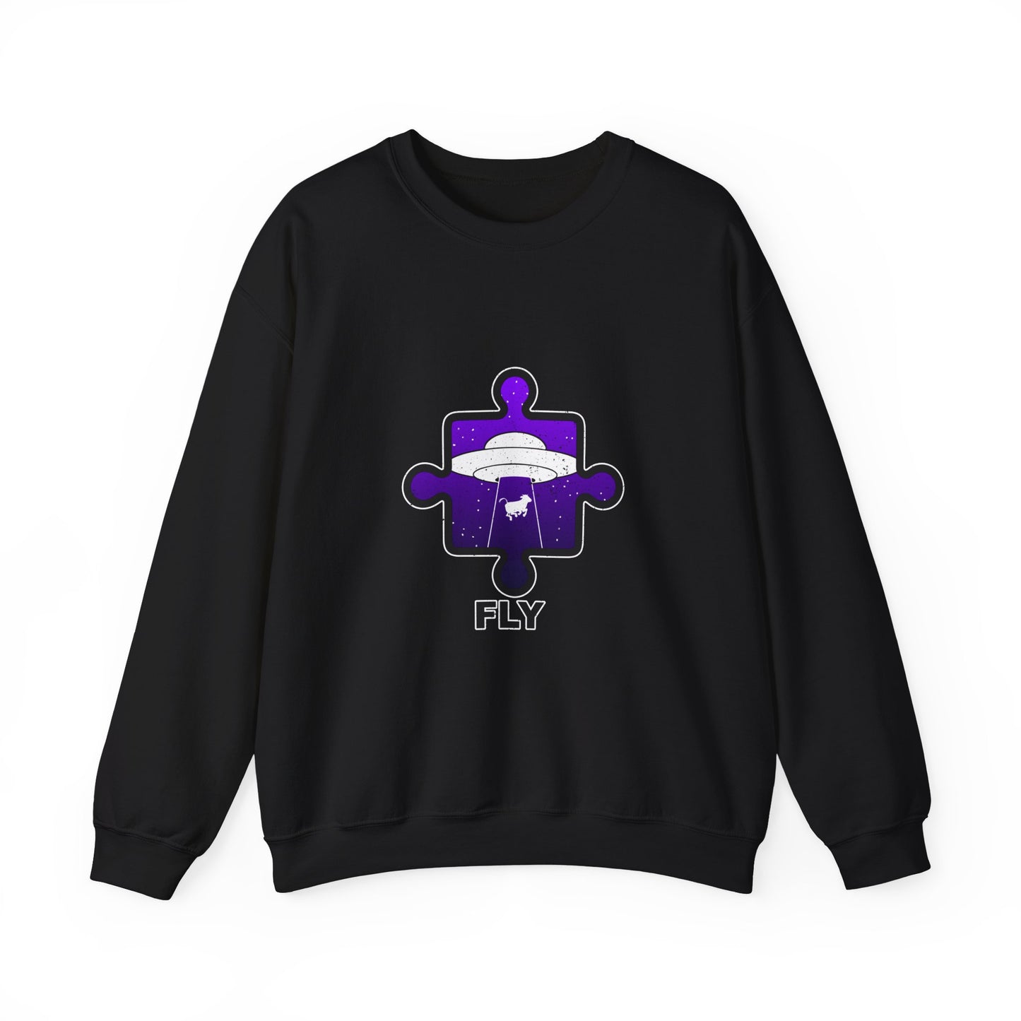 Distressed Crewneck Sweatshirt – Cow & UFO Puzzle Piece with ‘Fly’ Theme