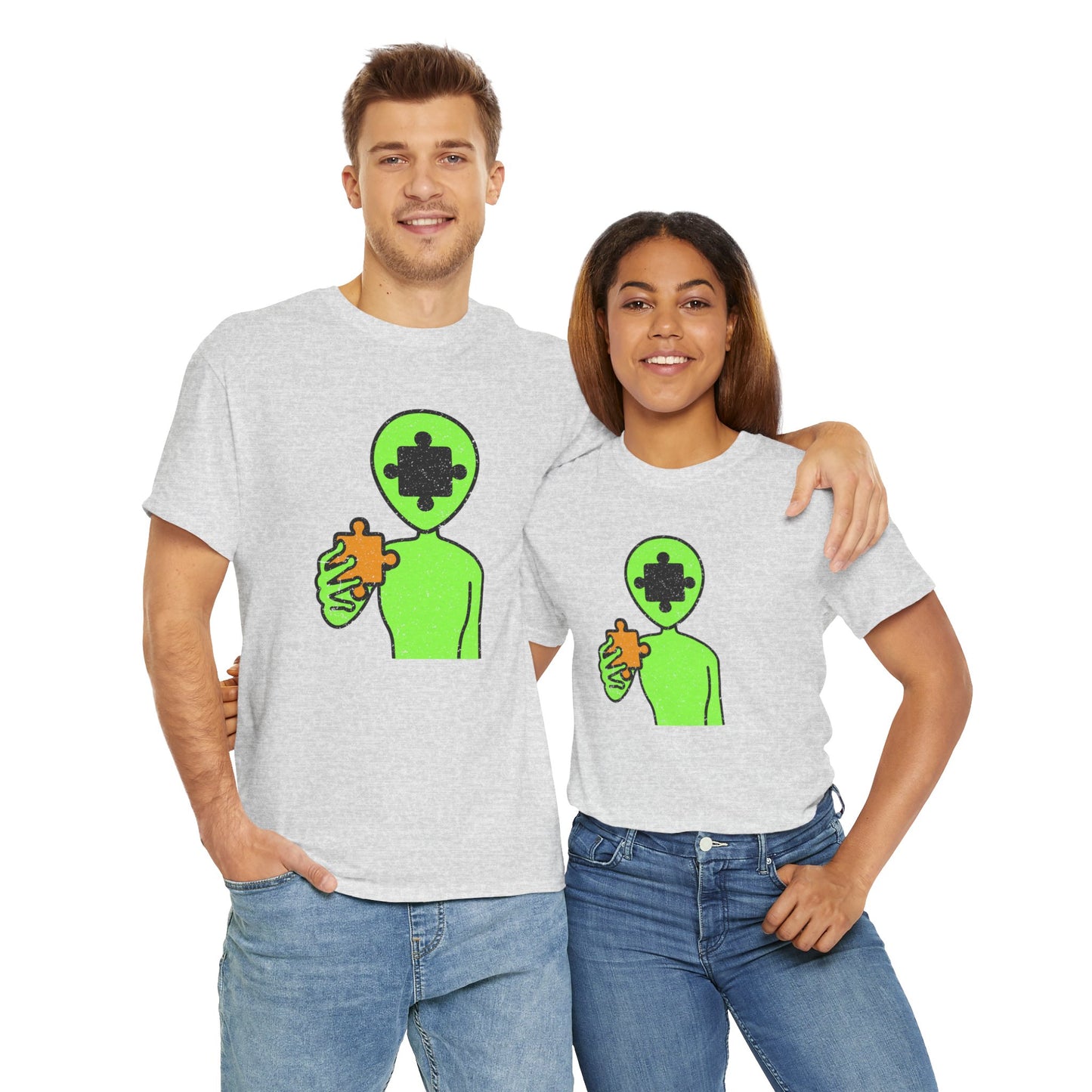 Alien Puzzle Piece T-Shirt – Distressed Cosmic Design – Unisex Heavy Cotton Shirt for Life’s Mysteries