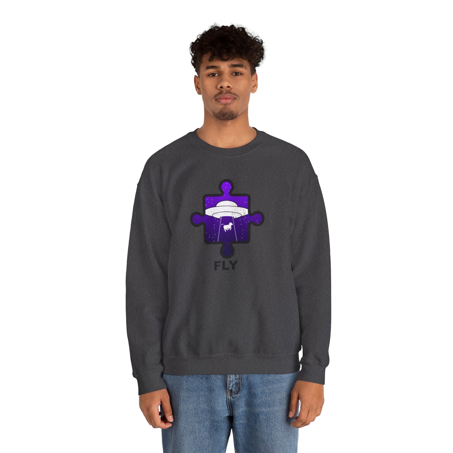 Distressed Crewneck Sweatshirt – Cow & UFO Puzzle Piece with ‘Fly’ Theme