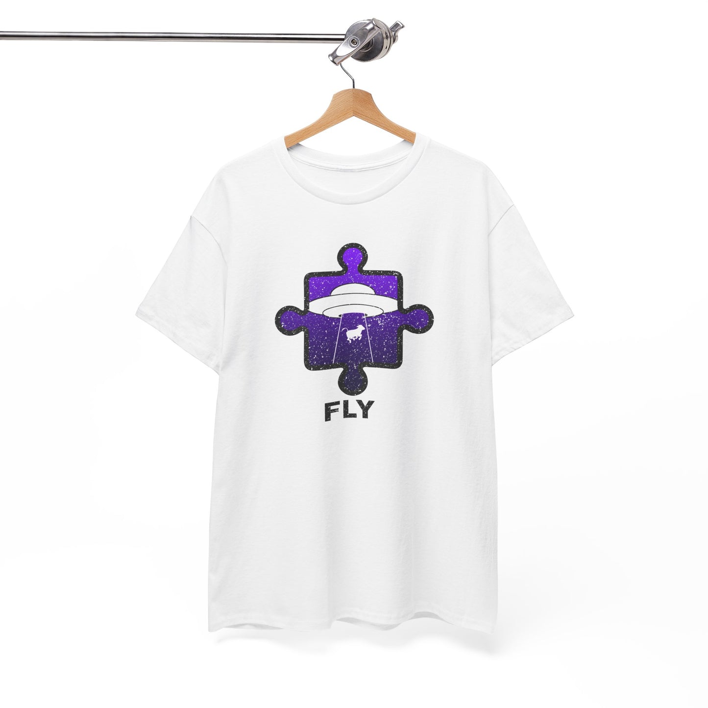 UFO Cow Abduction T-Shirt – ‘Fly’ Puzzle Piece Graphic Tee – Unisex Heavy Cotton Shirt Distressed Design