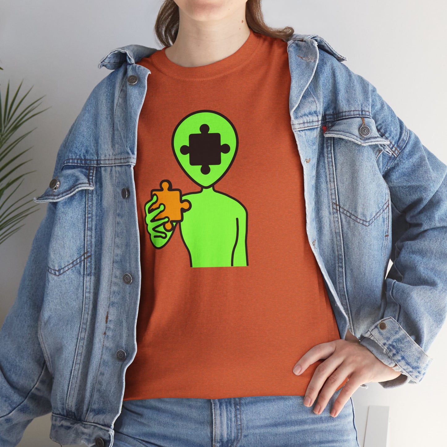 Alien Puzzle Piece T-Shirt – Clean Cosmic Design – Unisex Heavy Cotton Shirt for Life’s Mysteries