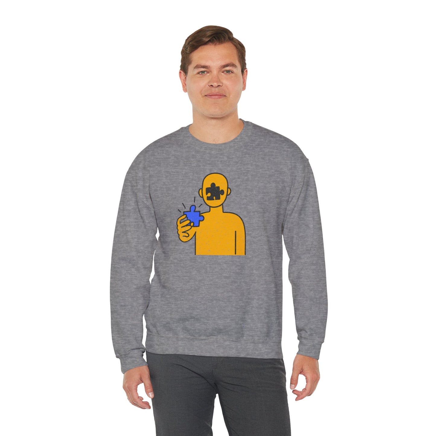 Distressed Crewneck Sweatshirt – Thoughtful Puzzle Piece Design with Human Theme