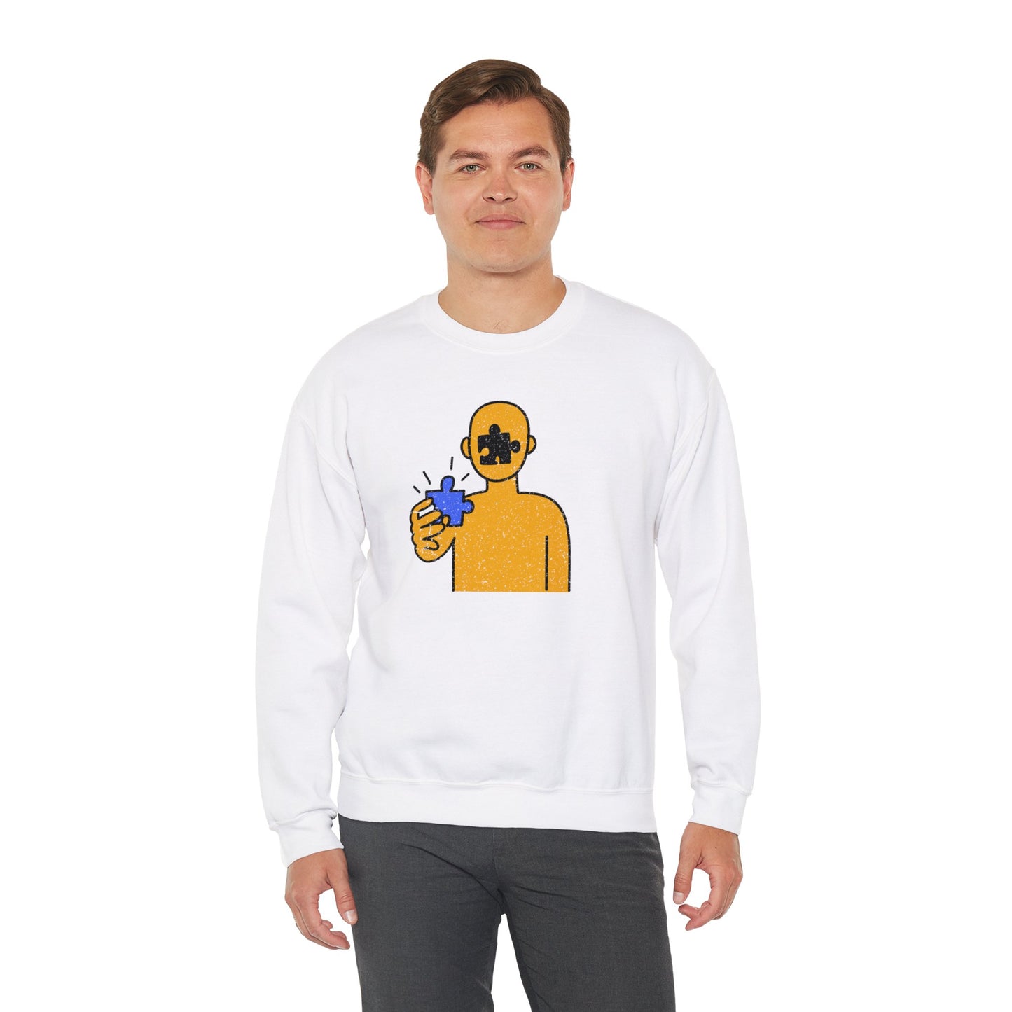 Distressed Crewneck Sweatshirt – Thoughtful Puzzle Piece Design with Human Theme