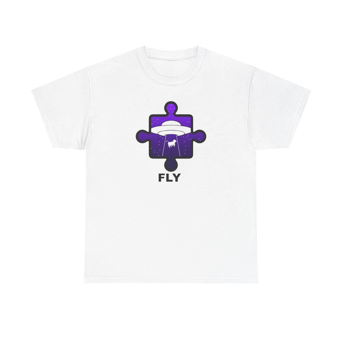 UFO Cow Abduction Puzzle Piece T-Shirt – ‘Fly’ Graphic Tee – Non-Distressed Design