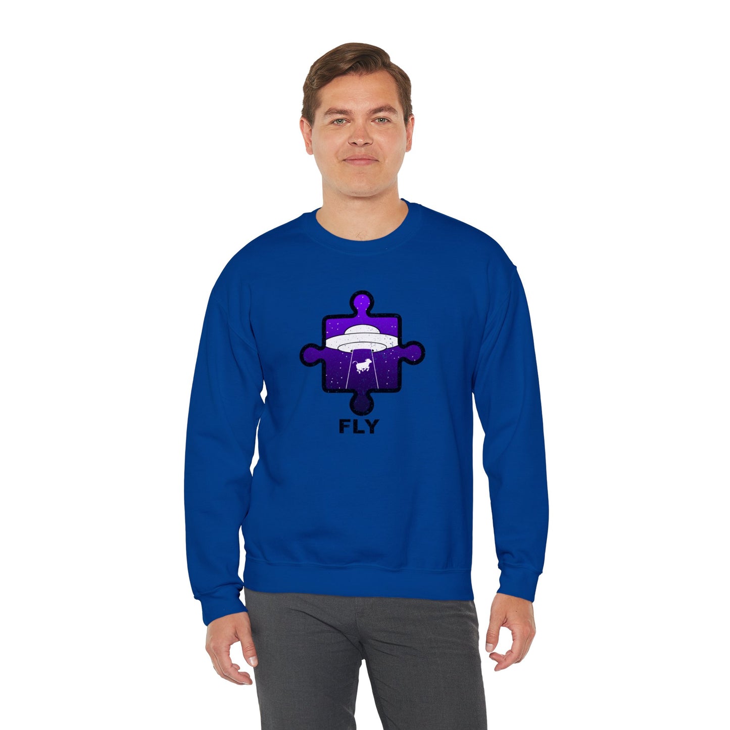 Distressed Crewneck Sweatshirt – Cow & UFO Puzzle Piece with ‘Fly’ Theme