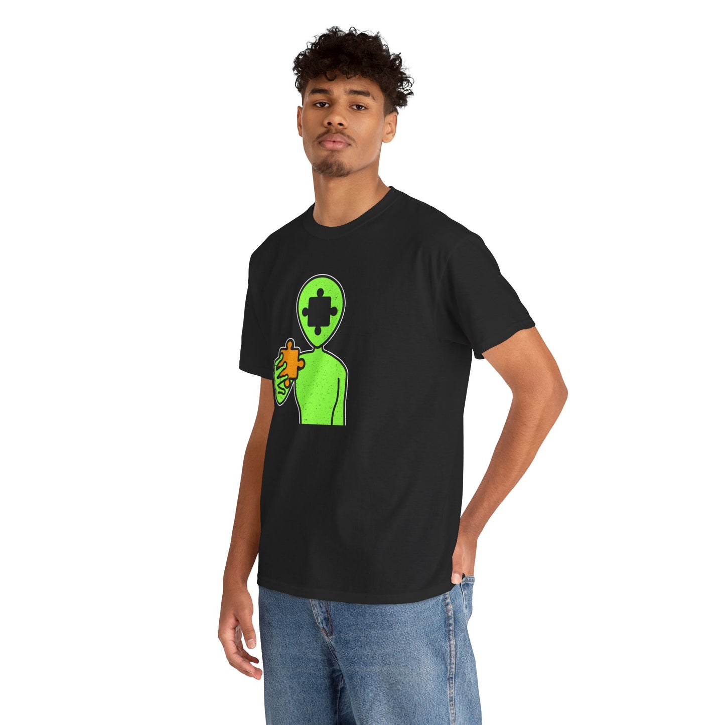 Alien Puzzle Piece T-Shirt – Distressed Cosmic Design – Unisex Heavy Cotton Shirt for Life’s Mysteries