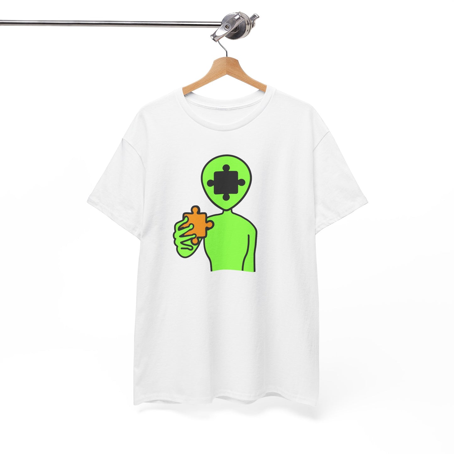 Alien Puzzle Piece T-Shirt – Clean Cosmic Design – Unisex Heavy Cotton Shirt for Life’s Mysteries