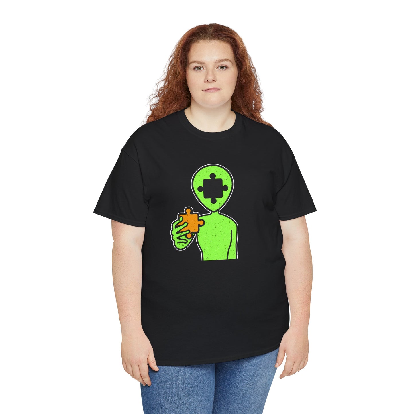 Alien Puzzle Piece T-Shirt – Distressed Cosmic Design – Unisex Heavy Cotton Shirt for Life’s Mysteries