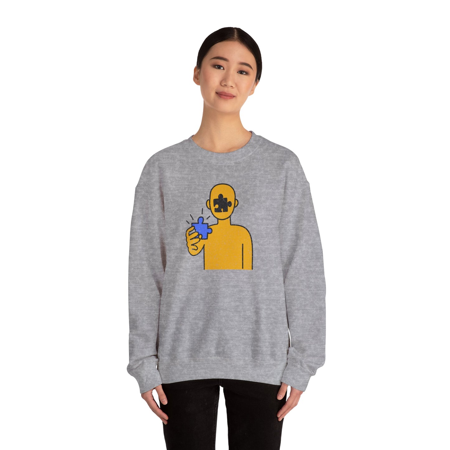 Distressed Crewneck Sweatshirt – Thoughtful Puzzle Piece Design with Human Theme