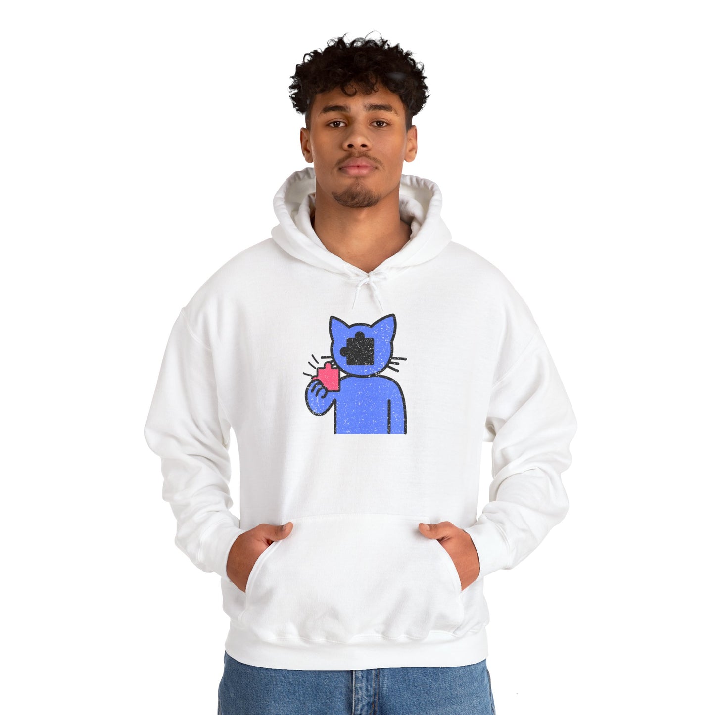 Cat Puzzle Piece Hoodie – Distressed Graphic Pullover – Cozy Unisex Hooded Sweatshirt for Puzzle Lovers