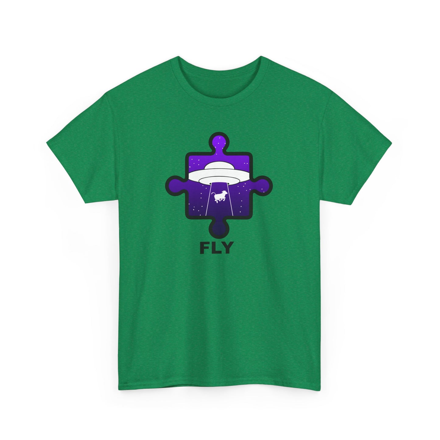 UFO Cow Abduction Puzzle Piece T-Shirt – ‘Fly’ Graphic Tee – Non-Distressed Design