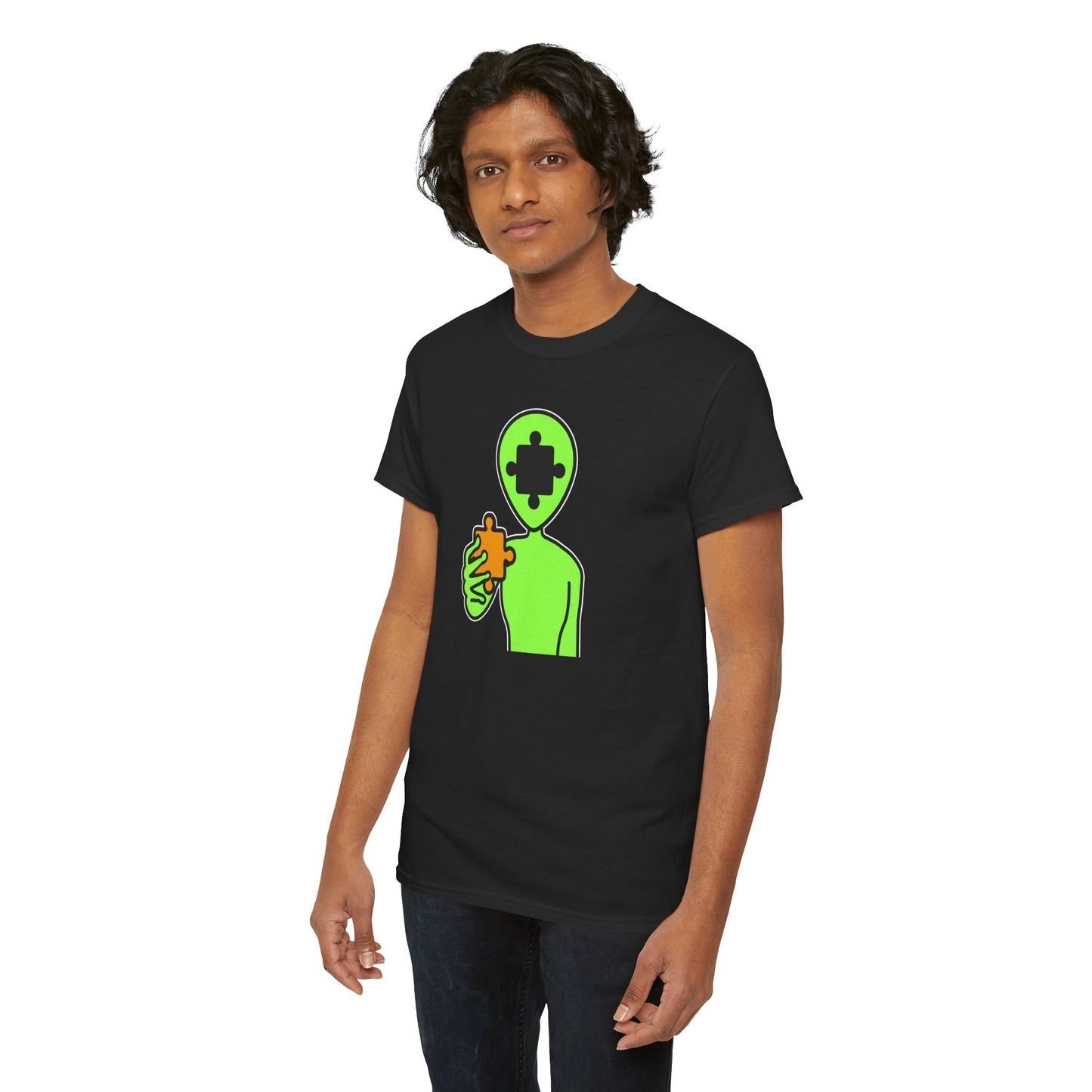 Alien Puzzle Piece T-Shirt – Clean Cosmic Design – Unisex Heavy Cotton Shirt for Life’s Mysteries