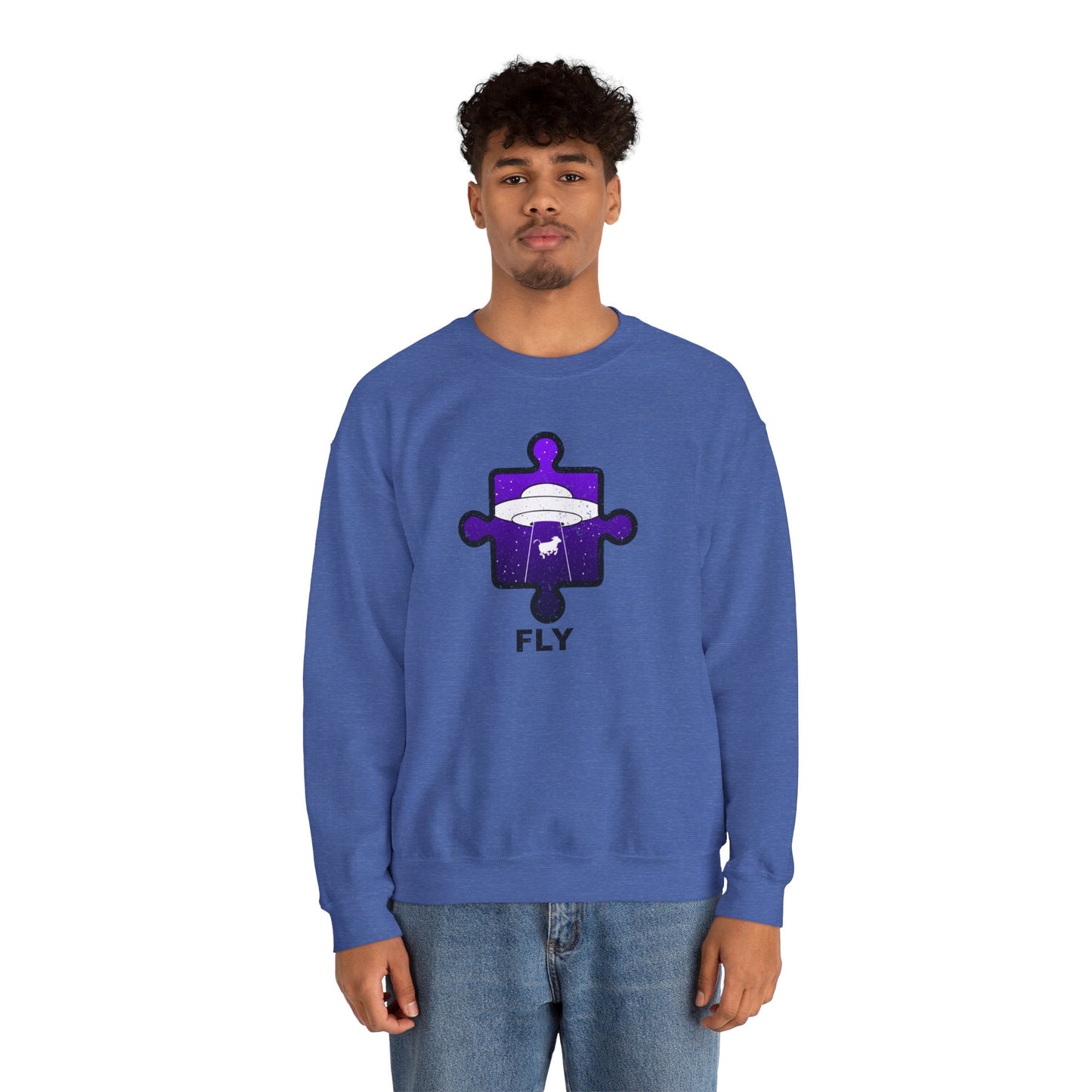 Distressed Crewneck Sweatshirt – Cow & UFO Puzzle Piece with ‘Fly’ Theme