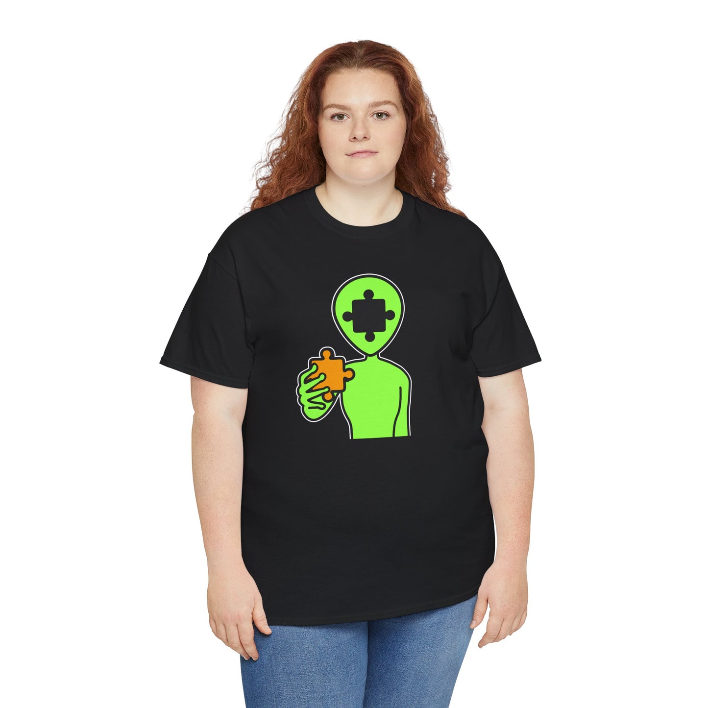 Alien Puzzle Piece T-Shirt – Clean Cosmic Design – Unisex Heavy Cotton Shirt for Life’s Mysteries