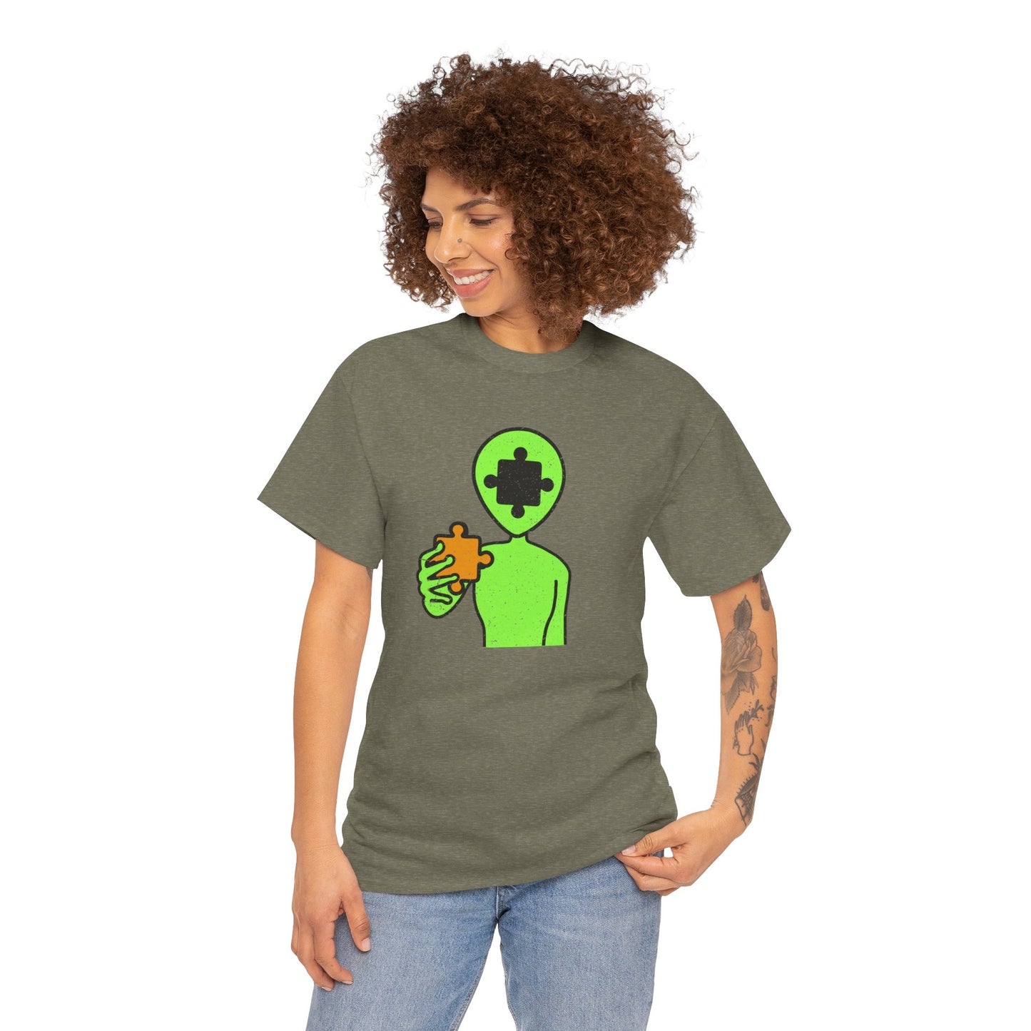 Alien Puzzle Piece T-Shirt – Distressed Cosmic Design – Unisex Heavy Cotton Shirt for Life’s Mysteries