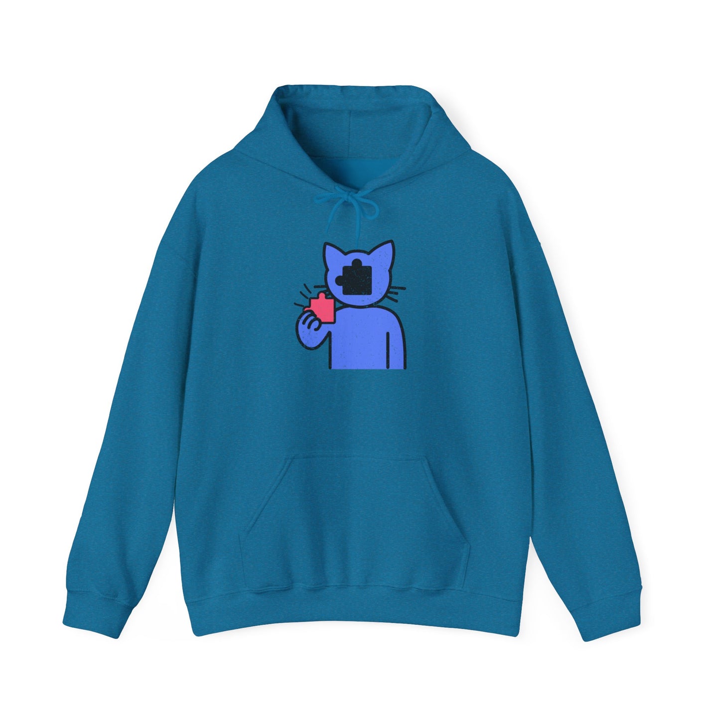 Cat Puzzle Piece Hoodie – Distressed Graphic Pullover – Cozy Unisex Hooded Sweatshirt for Puzzle Lovers