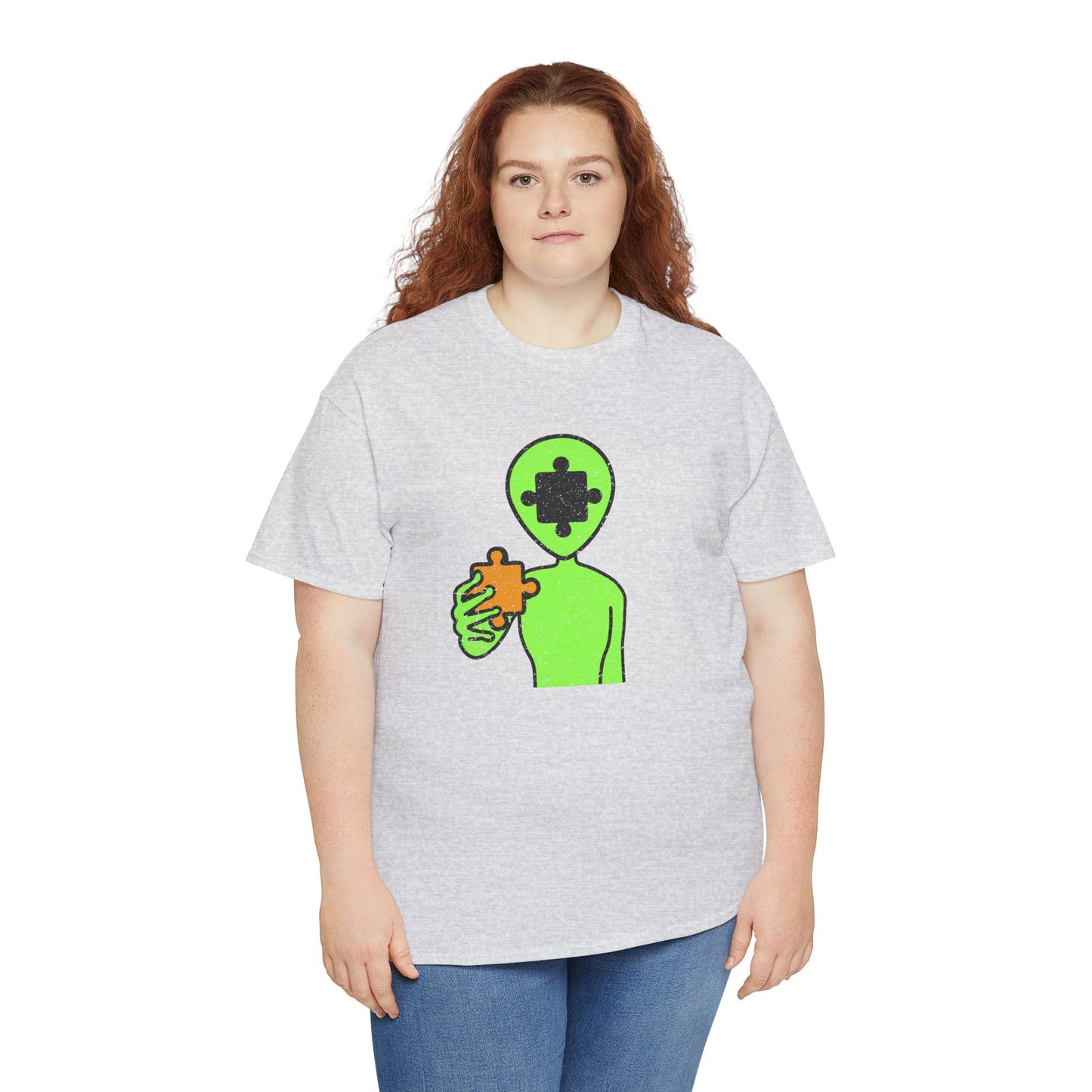 Alien Puzzle Piece T-Shirt – Distressed Cosmic Design – Unisex Heavy Cotton Shirt for Life’s Mysteries