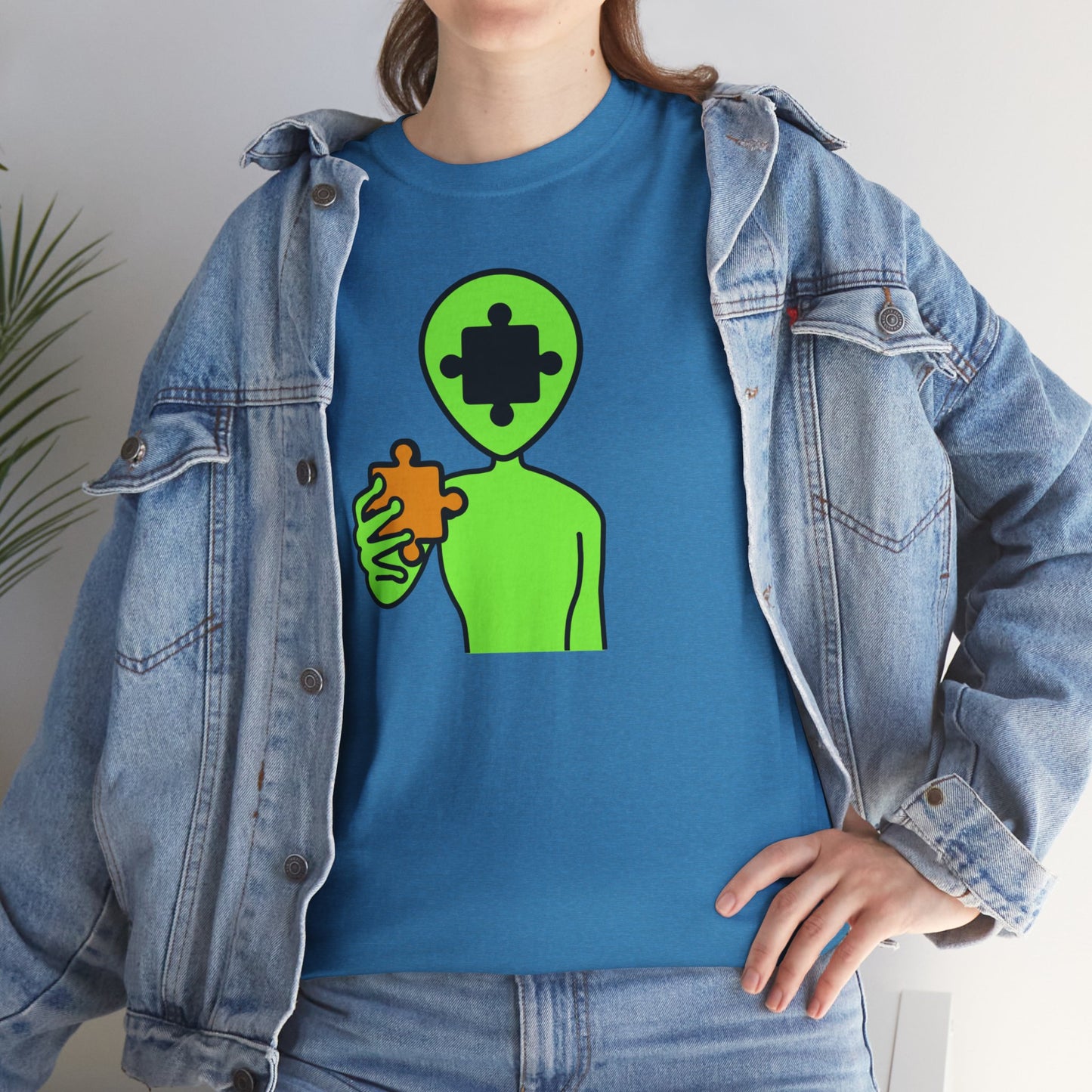 Alien Puzzle Piece T-Shirt – Clean Cosmic Design – Unisex Heavy Cotton Shirt for Life’s Mysteries