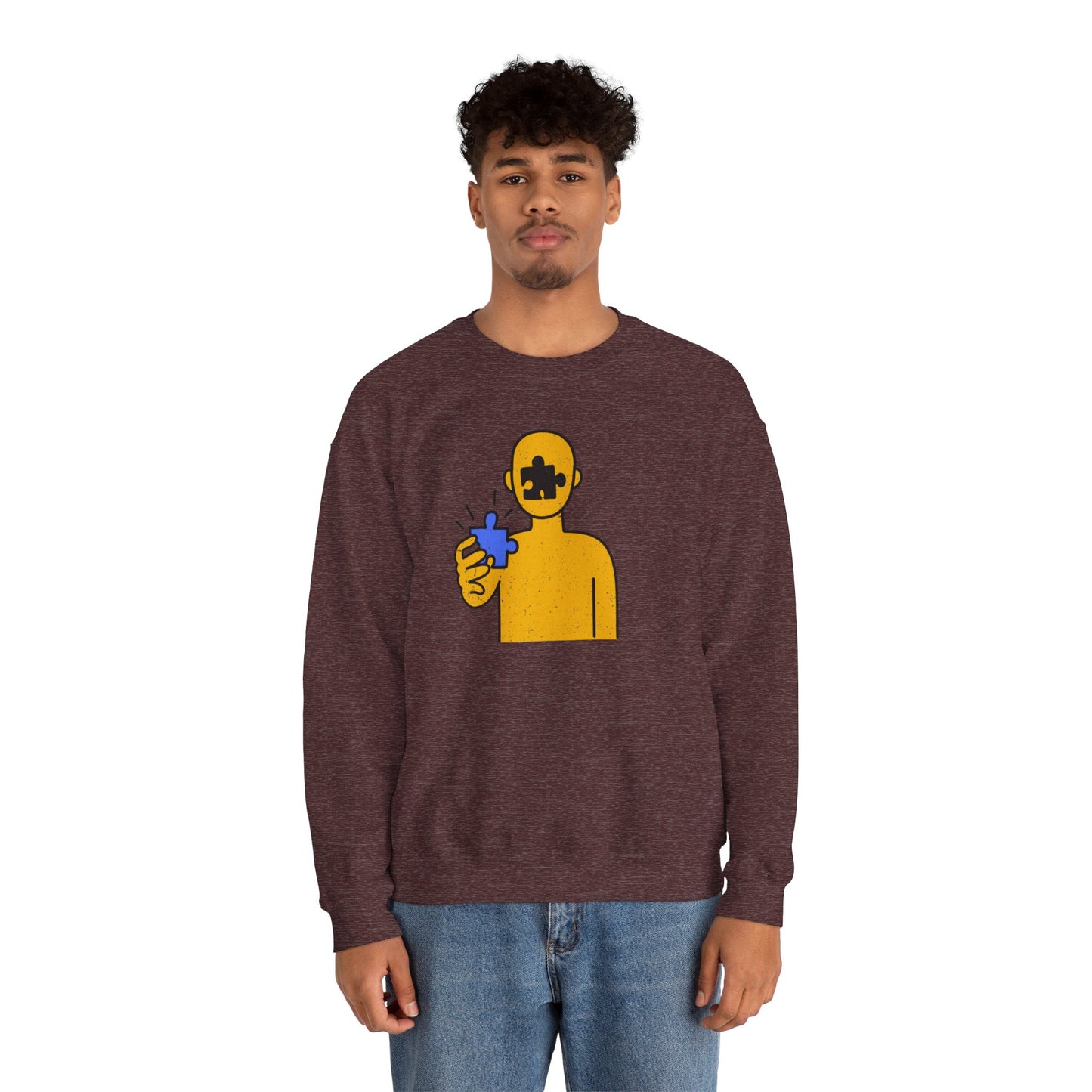 Distressed Crewneck Sweatshirt – Thoughtful Puzzle Piece Design with Human Theme