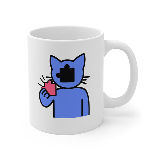 Cat Inspecting Puzzle Piece Mug – White Ceramic Coffee Cup with Clean Design for Curious Minds