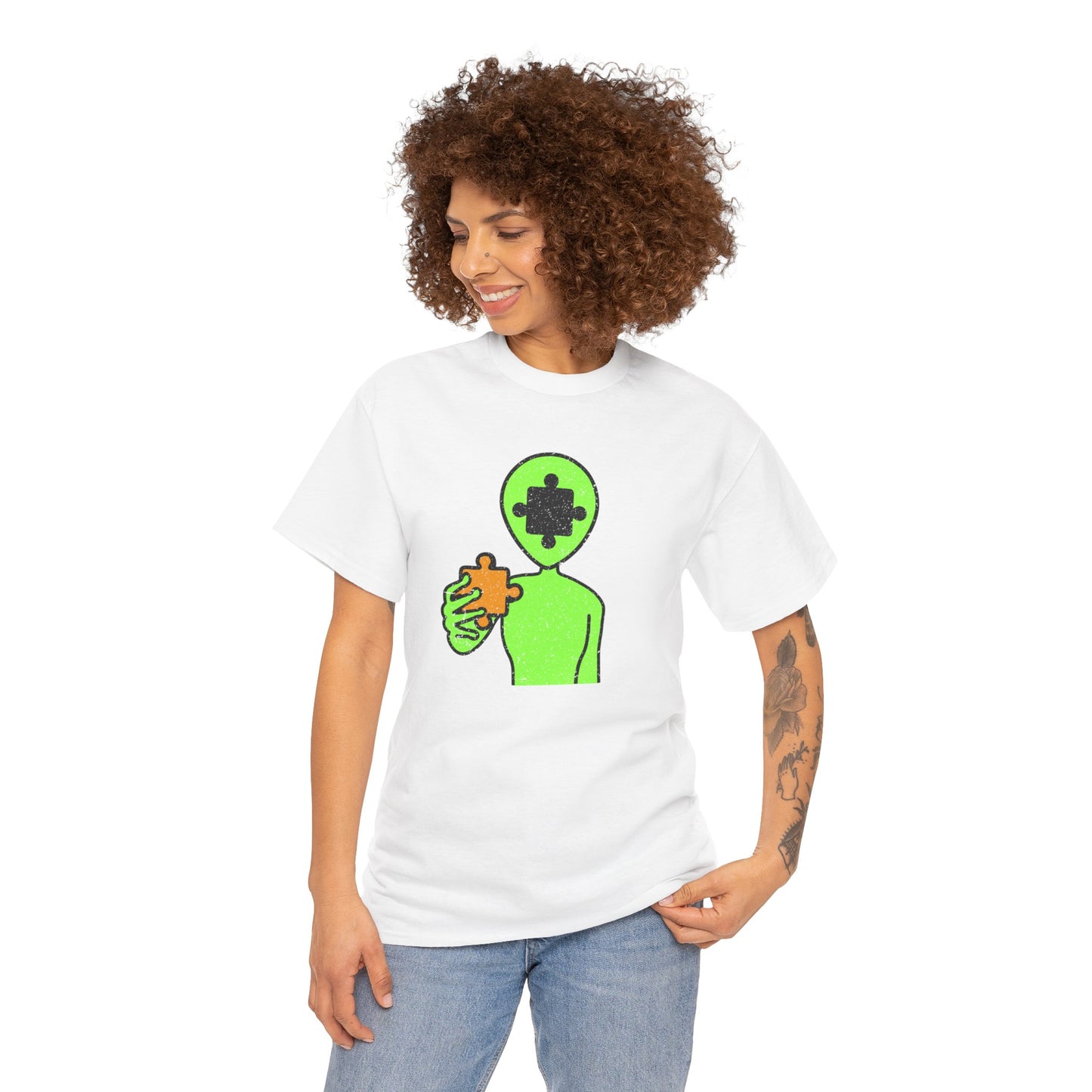 Alien Puzzle Piece T-Shirt – Distressed Cosmic Design – Unisex Heavy Cotton Shirt for Life’s Mysteries