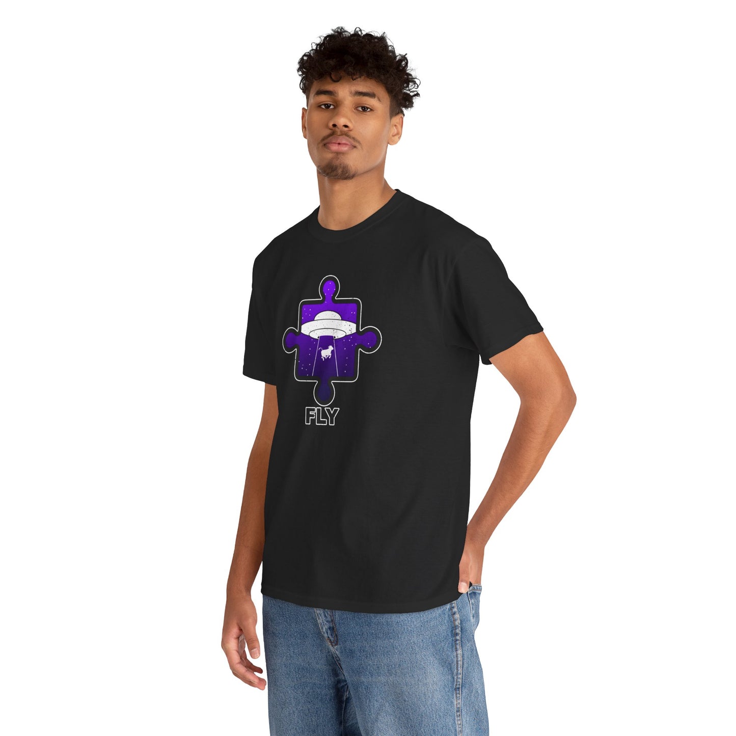 UFO Cow Abduction T-Shirt – ‘Fly’ Puzzle Piece Graphic Tee – Unisex Heavy Cotton Shirt Distressed Design