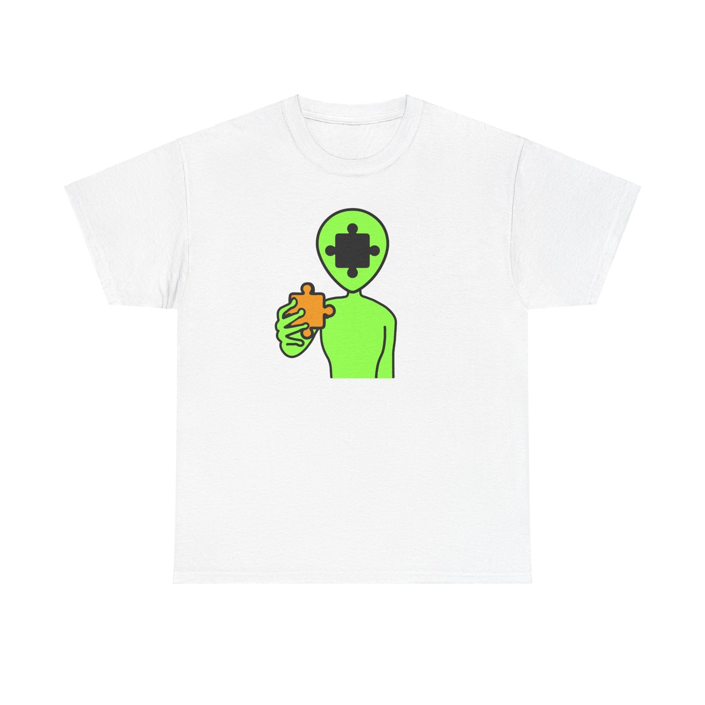 Alien Puzzle Piece T-Shirt – Clean Cosmic Design – Unisex Heavy Cotton Shirt for Life’s Mysteries