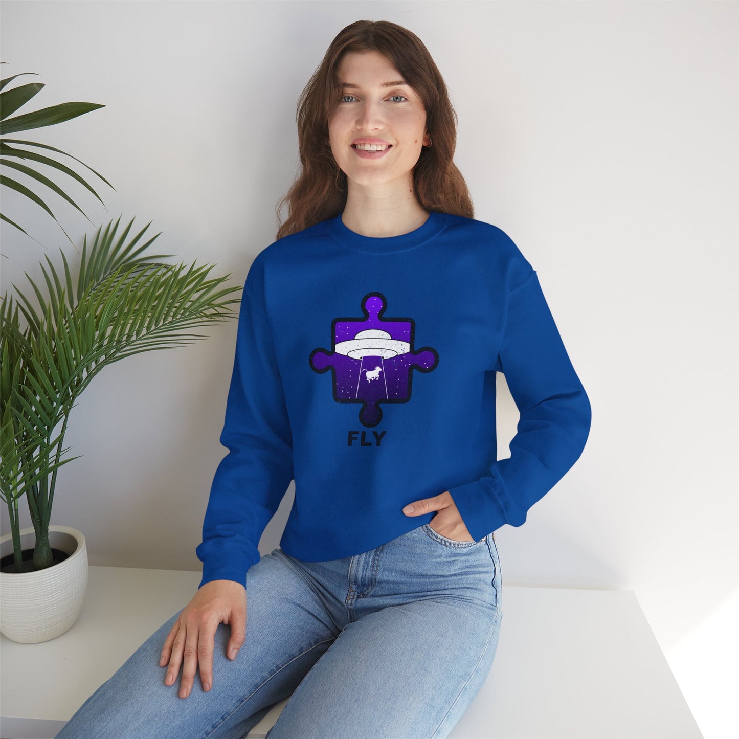 Distressed Crewneck Sweatshirt – Cow & UFO Puzzle Piece with ‘Fly’ Theme