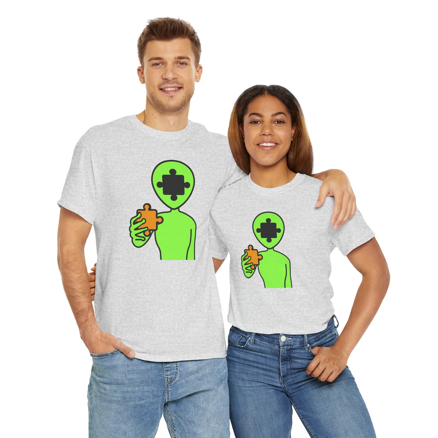 Alien Puzzle Piece T-Shirt – Clean Cosmic Design – Unisex Heavy Cotton Shirt for Life’s Mysteries