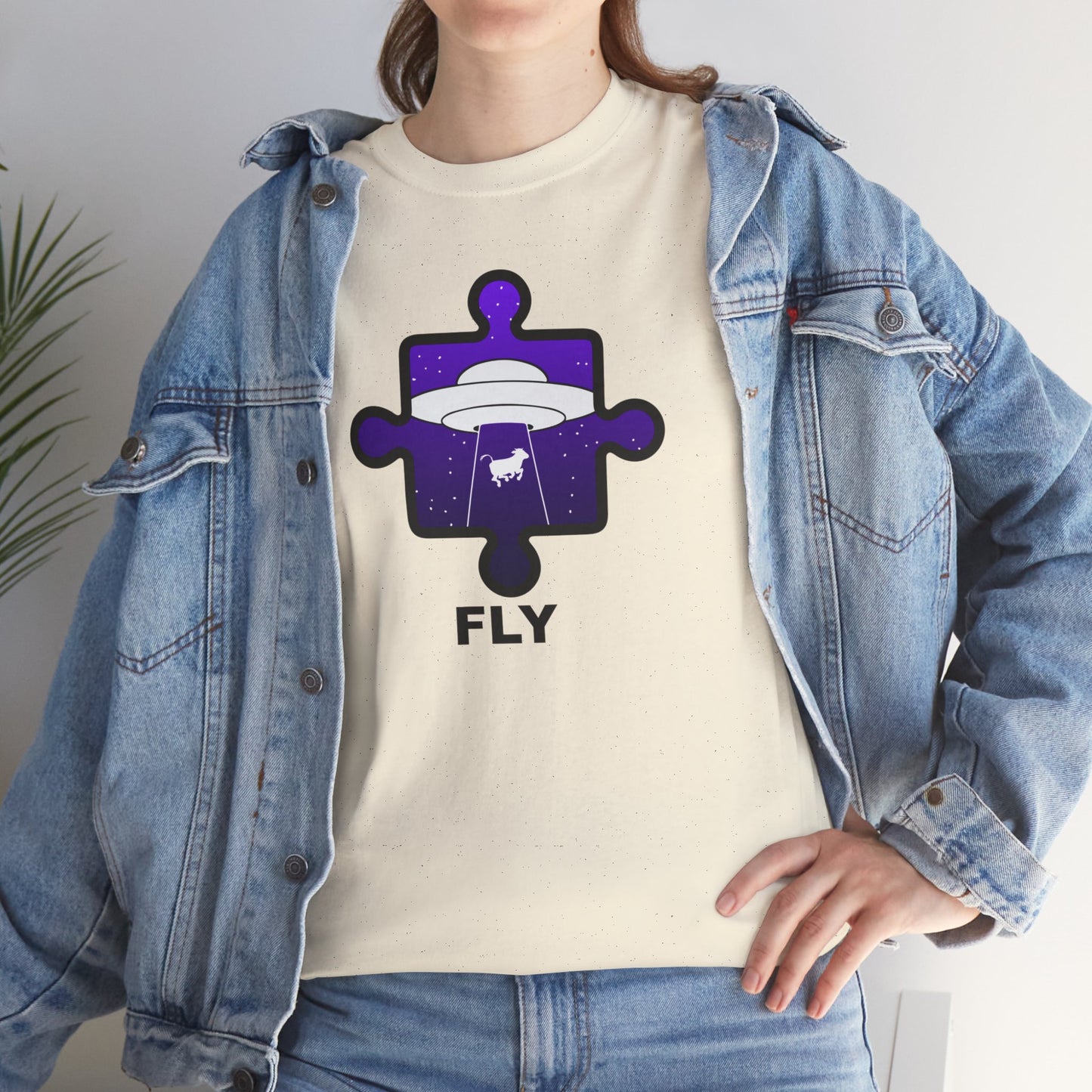 UFO Cow Abduction Puzzle Piece T-Shirt – ‘Fly’ Graphic Tee – Non-Distressed Design