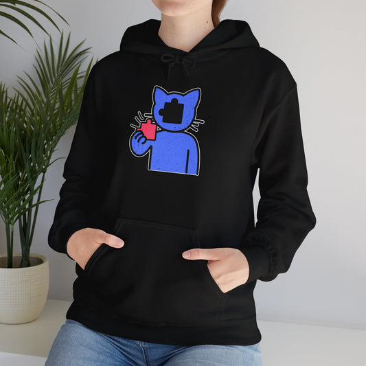 Cat Puzzle Piece Hoodie – Distressed Graphic Pullover – Cozy Unisex Hooded Sweatshirt for Puzzle Lovers