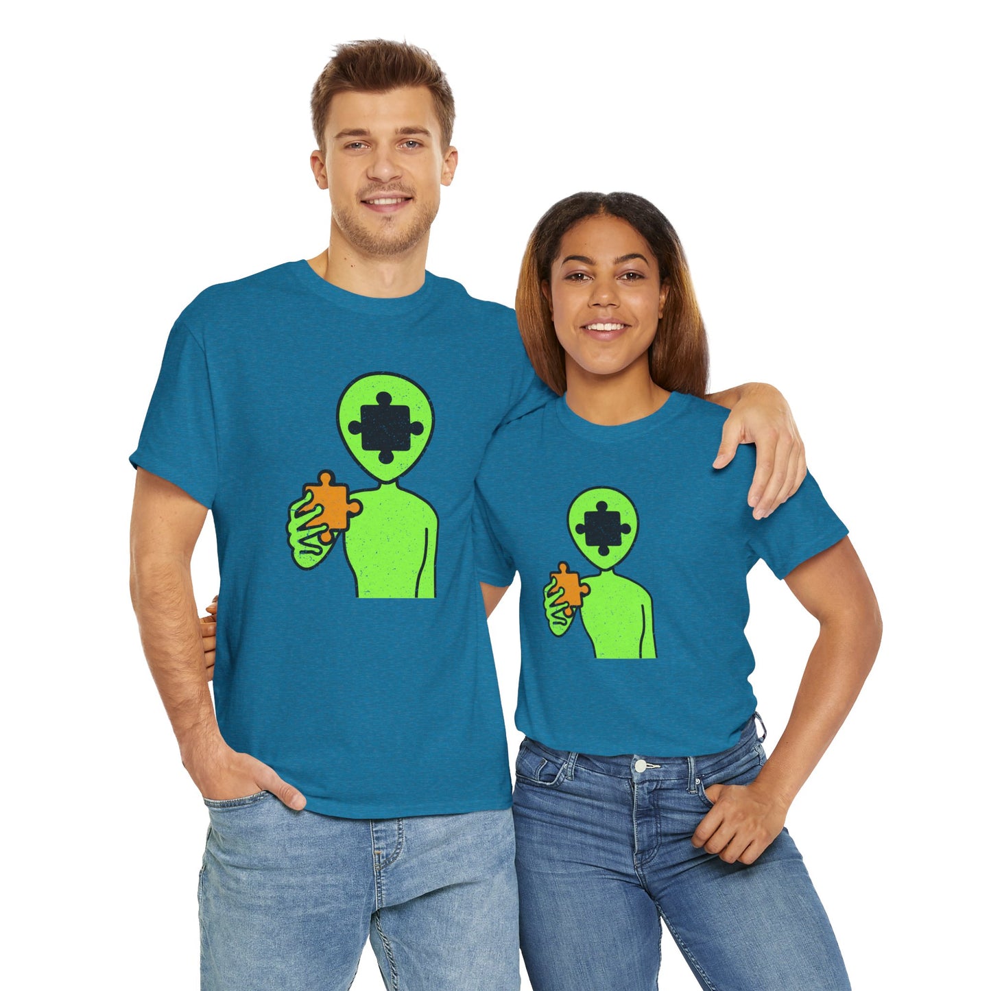 Alien Puzzle Piece T-Shirt – Distressed Cosmic Design – Unisex Heavy Cotton Shirt for Life’s Mysteries