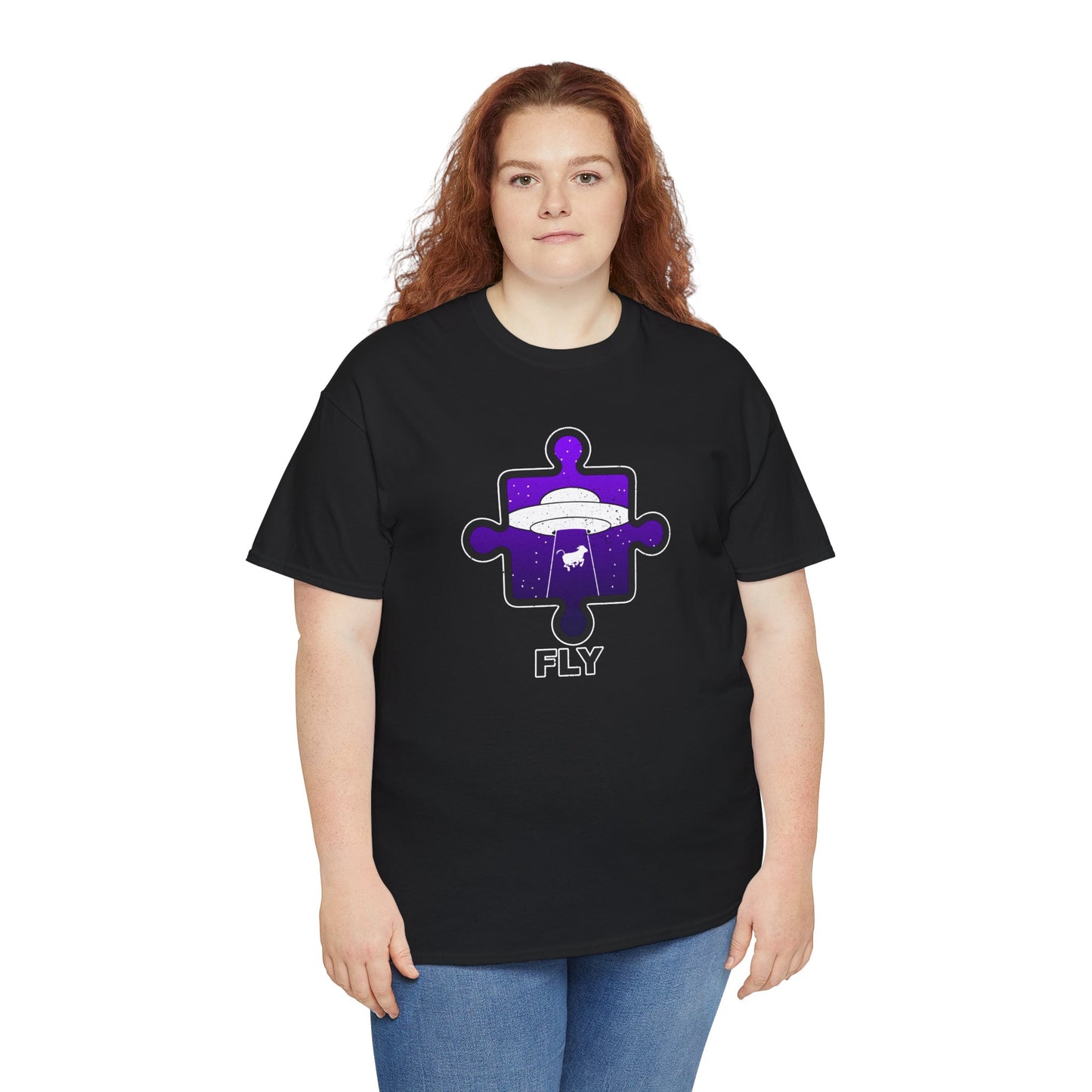 UFO Cow Abduction T-Shirt – ‘Fly’ Puzzle Piece Graphic Tee – Unisex Heavy Cotton Shirt Distressed Design