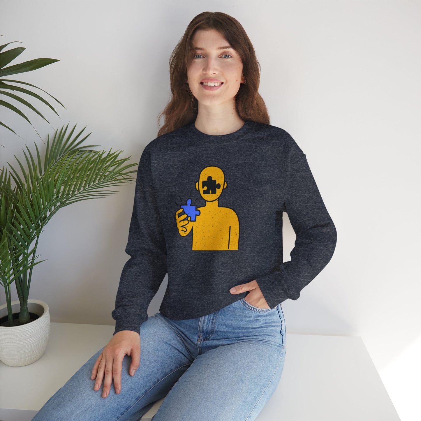 Distressed Crewneck Sweatshirt – Thoughtful Puzzle Piece Design with Human Theme