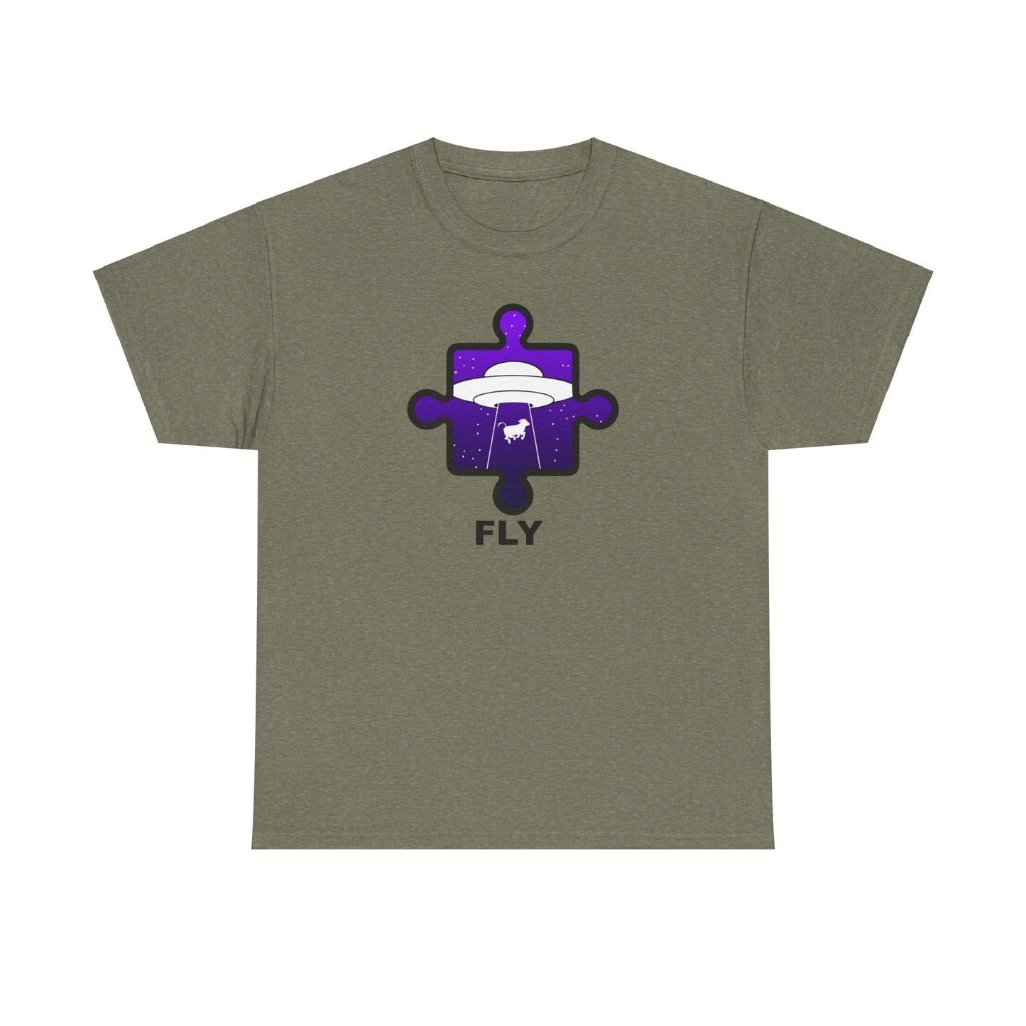 UFO Cow Abduction Puzzle Piece T-Shirt – ‘Fly’ Graphic Tee – Non-Distressed Design