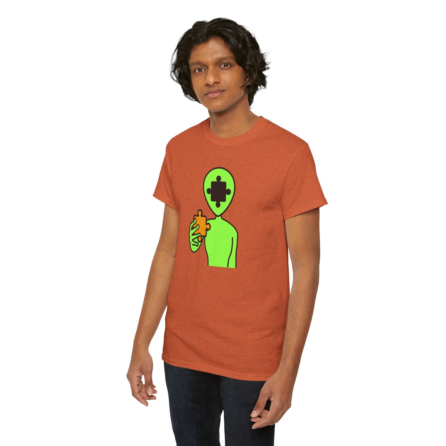 Alien Puzzle Piece T-Shirt – Clean Cosmic Design – Unisex Heavy Cotton Shirt for Life’s Mysteries