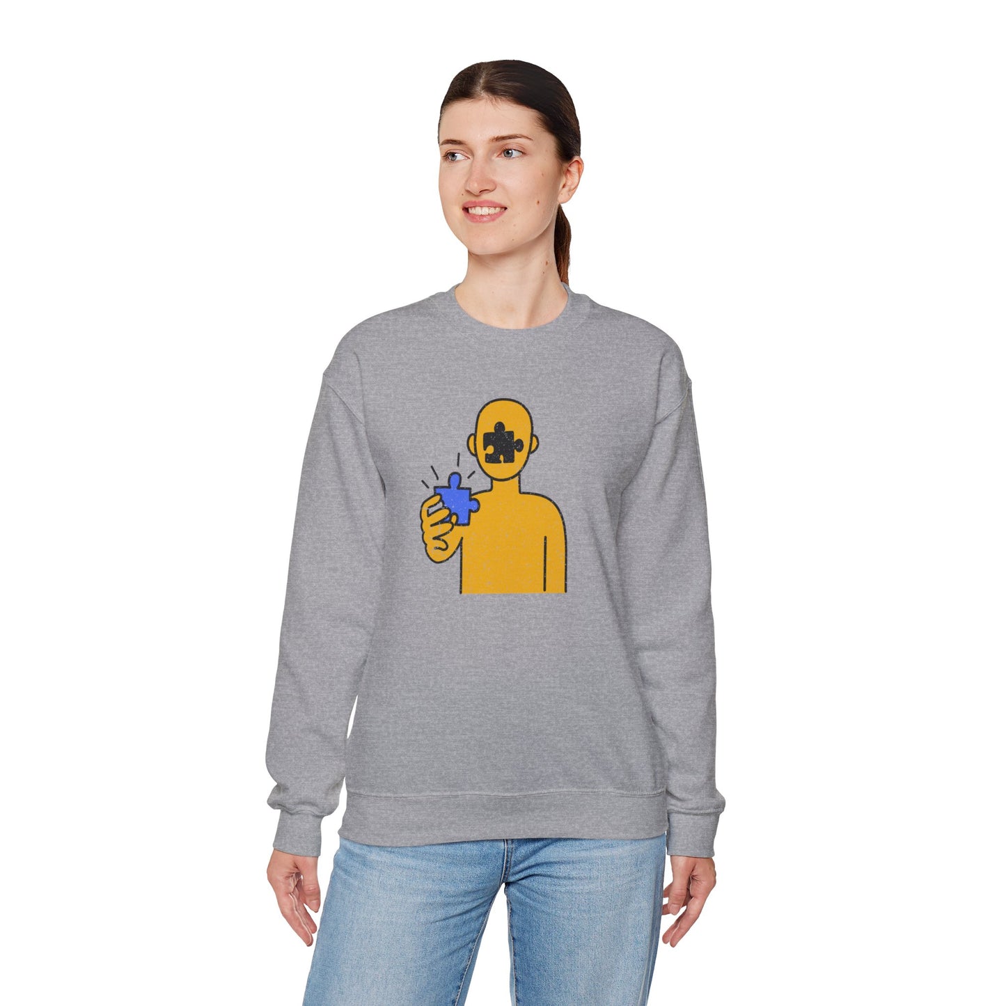 Distressed Crewneck Sweatshirt – Thoughtful Puzzle Piece Design with Human Theme