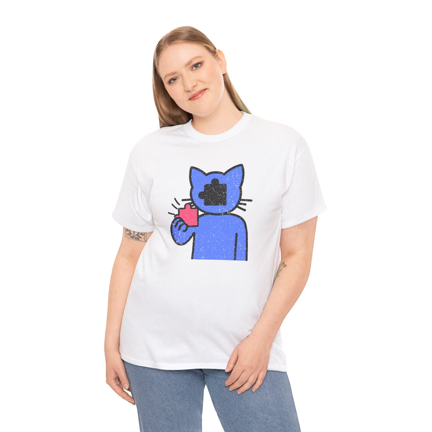 Cat Puzzle Piece T-Shirt – Life’s Epic Journey Distressed Graphic Tee – Unisex Heavy Cotton Shirt – Mix & Match to Create Your Own Unique Style