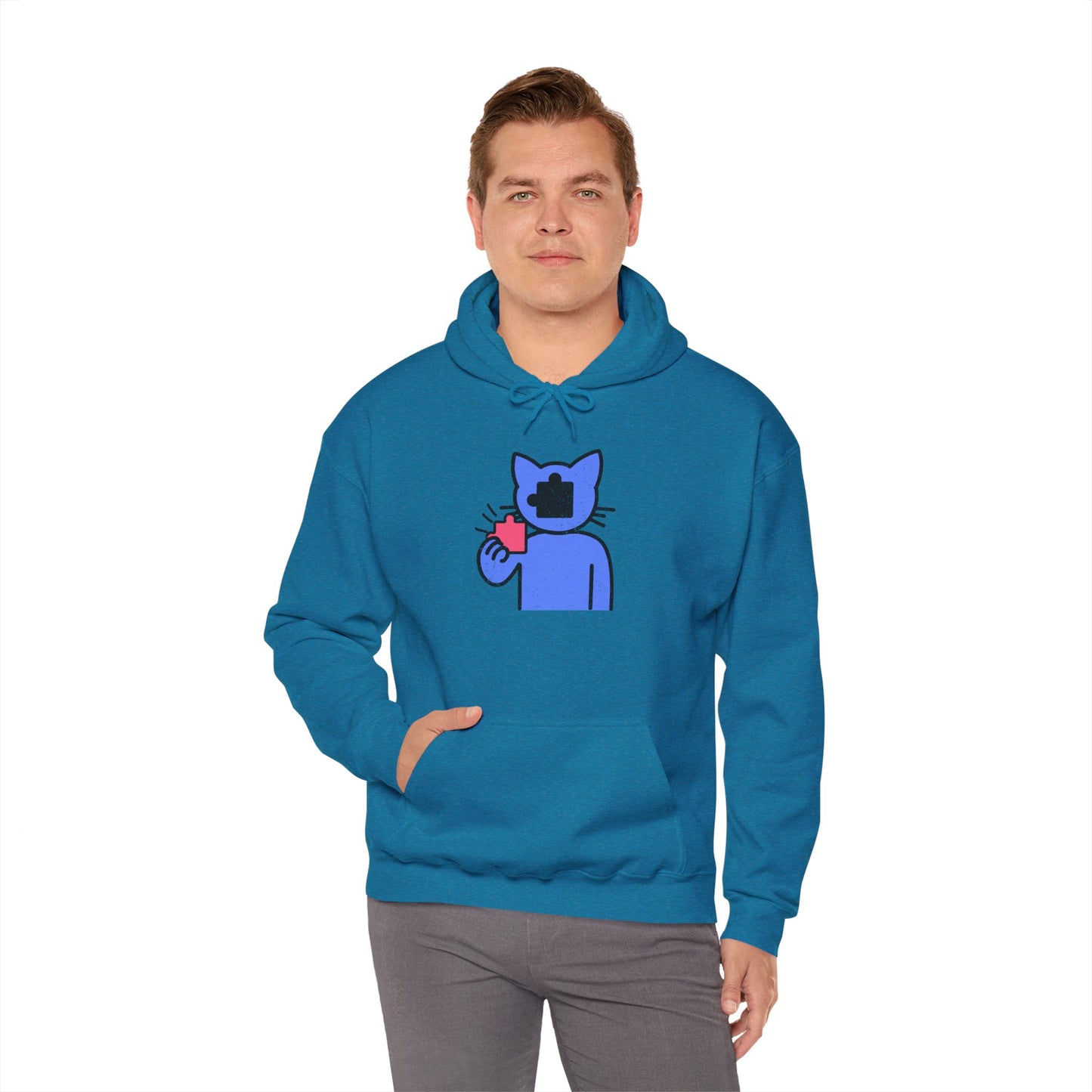 Cat Puzzle Piece Hoodie – Distressed Graphic Pullover – Cozy Unisex Hooded Sweatshirt for Puzzle Lovers