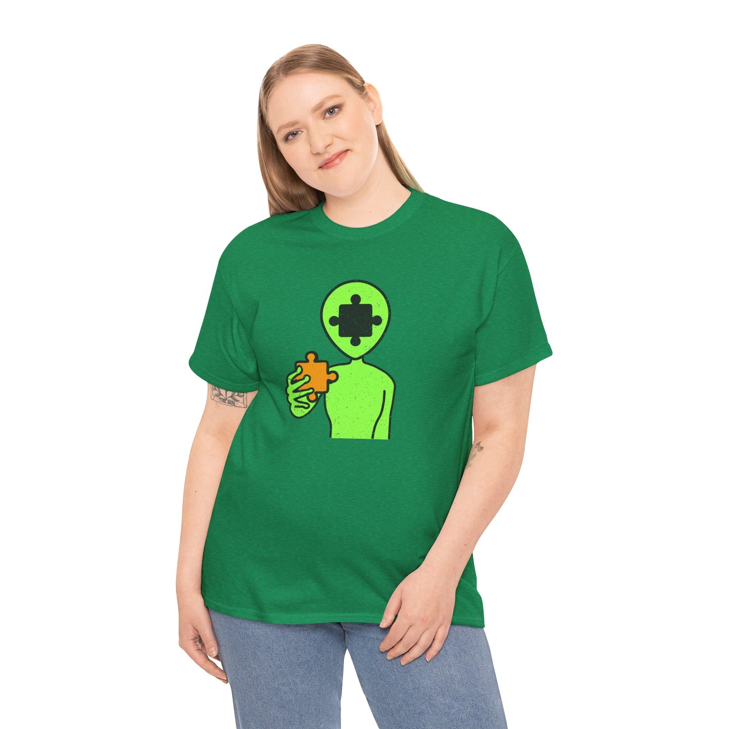 Alien Puzzle Piece T-Shirt – Distressed Cosmic Design – Unisex Heavy Cotton Shirt for Life’s Mysteries